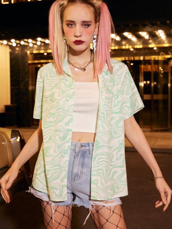 ROMWE Tops - ROMWE Mint Green Swirl Short Sleeve Button-Down Shirt